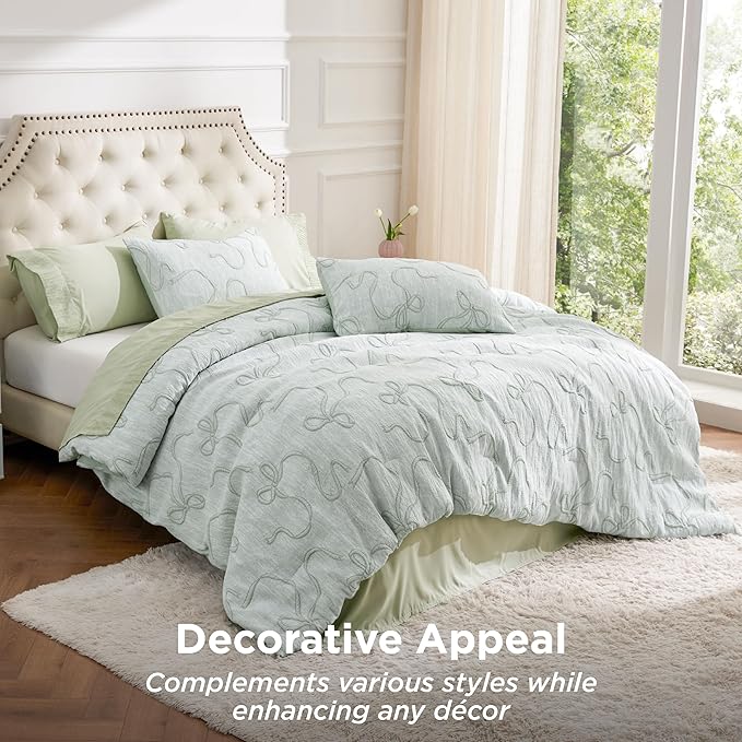 Bedsure Sage Green Comforter Set Queen, GentleSoft™ 3 Pieces Breathable Bow Comforter Set Women Girls with 2 Pillow Shams, Cute Queen Bedding Sets Room Decor Aesthetic Bedroom Decor, 90x90 Inches