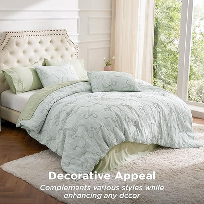 Bedsure Sage Green Comforter Set Queen, GentleSoft™ 3 Pieces Breathable Bow Comforter Set Women Girls with 2 Pillow Shams, Cute Queen Bedding Sets Room Decor Aesthetic Bedroom Decor, 90x90 Inches