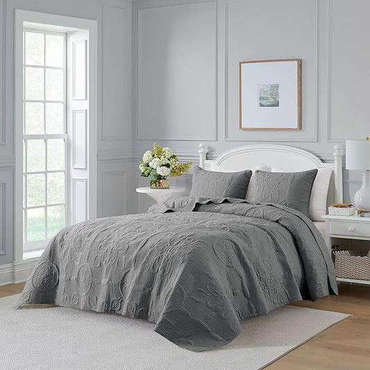 Dark Grey Damask Quilt California Cal King Size Bedding Sets with 2 Pillow Shams, Oversized Boho Bedspread Lightweight Soft Farmhouse Vintage Coverlet Jacquard Bed Cover for All Season, 3 Pieces