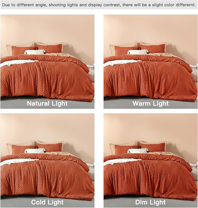 Litanika Burnt Orange Queen Comforter Set, 3 Pieces Terracotta Tufted Boho Farmhouse Bedding Comforter Sets, Lightweight Fluffy Comforter Bed Set for All Season (90x90In Comforter and 2 Pillowcases)