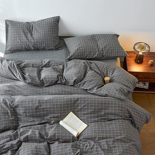 EAVD Vintage Style Grey Plaid Gingham Duvet Cover Queen 100% Washed Cotton Like Linen Feel Soft Grid Plaid Bedding Set with 2 Pillowcases Farmhouse Grid Geometric Pattern Duvet Cover with Zipper