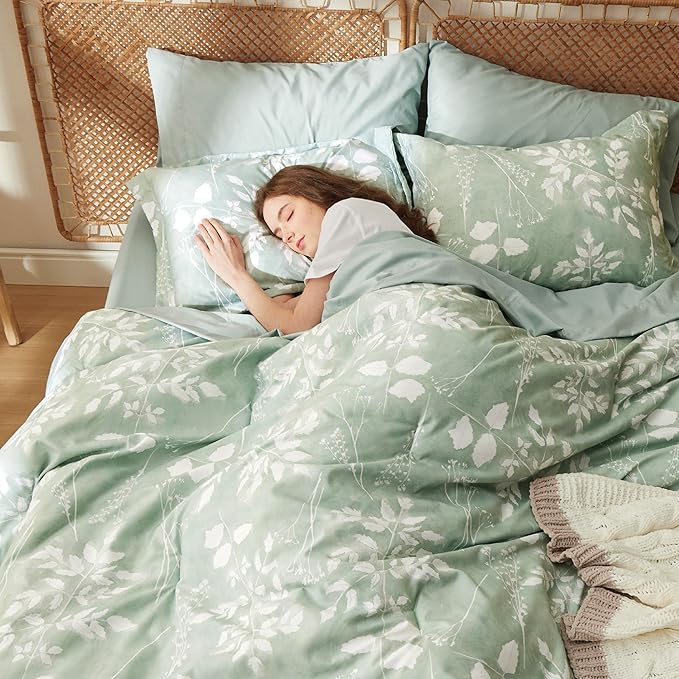 Bedsure Sage Green Twin XL Comforter Set - 5 Pieces Floral Bedding Sets Twin XL Bed in a Bag with Reversible Botanical Flowers Comforter, Sheets, Pillowcase & Sham