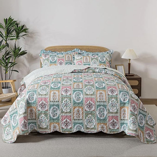 HoneiLife Quilt Sets Queen Size - 3 Pieces Microfiber Quilt Lightweight Bedspreads Floral Coverlets Retro Bed Cover Queen Quilt Bedding Sets All Season Use