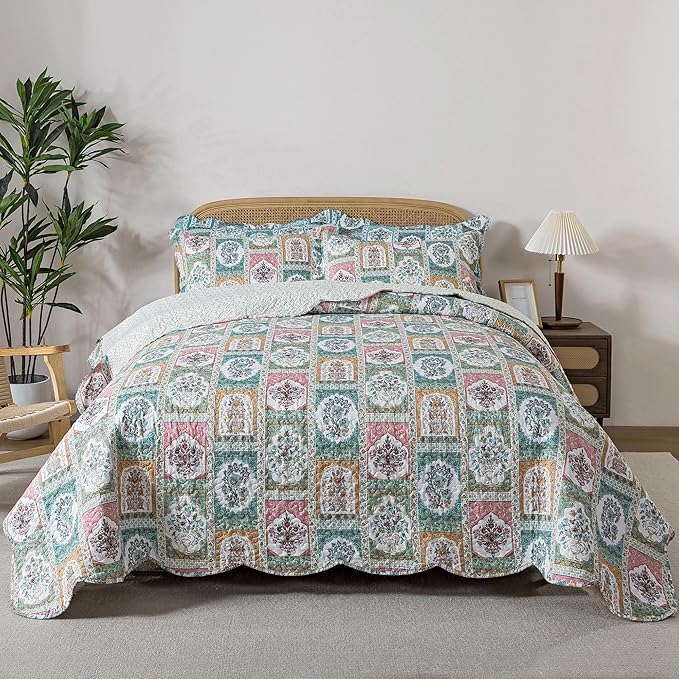 HoneiLife Quilt Sets King Size - 3 Pieces Microfiber Quilt Floral Bedspreads Lightweight Coverlets Retro Bed Cover King Quilt Bedding Set All Season Quilts