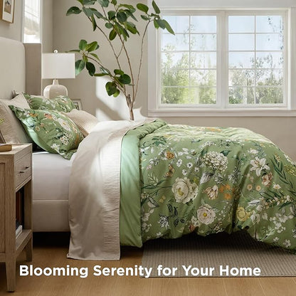 Bedsure Duvet Cover King Size - Reversible Green Floral&Bird Duvet Cover Set with Zipper Closure, 3 Pieces Mistletoe Bedding Set with 8 Corner Ties and 2 Pillow Shams 20"x36"