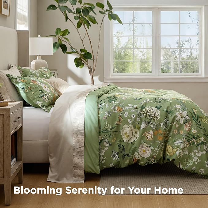 Bedsure Duvet Cover Queen Size - Reversible Green Floral&Bird Duvet Cover Set with Zipper Closure, 3 Pieces Mistletoe Bedding Set with 8 Corner Ties and 2 Pillow Shams 20"x26"