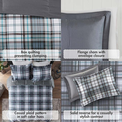 Madison Park Essentials Parkston Plaid Comforter, Matching Sham, 3M Scotchguard Stain Release Cover, Hypoallergenic All Season Bedding-Set, King/California King, Grey, 3 Piece