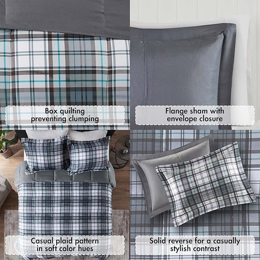 Madison Park Essentials Parkston Plaid Comforter, Matching Sham, 3M Scotchguard Stain Release Cover, Hypoallergenic All Season Bedding-Set, King/California King, Grey, 3 Piece