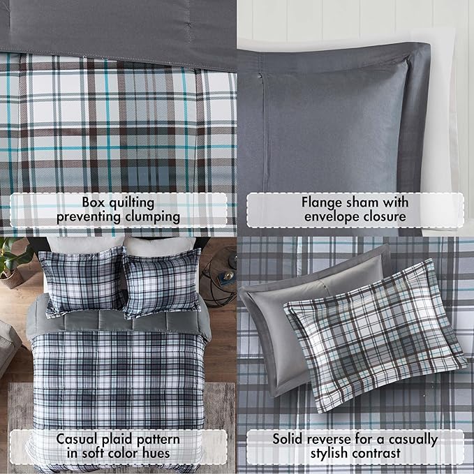 Madison Park Essentials Parkston Plaid Comforter, Matching Sham, 3M Scotchguard Stain Release Cover, Hypoallergenic All Season Bedding-Set, Full/Queen, Grey, 3 Piece