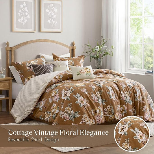 Madison Park Vintage Floral Reversible Comforters King Size Bed, All Season, Down Alternative Bedding Comforter, Bedskirt, Pillows, Shams, Salara, Cal King Terracotta 7 Piece | Reversible