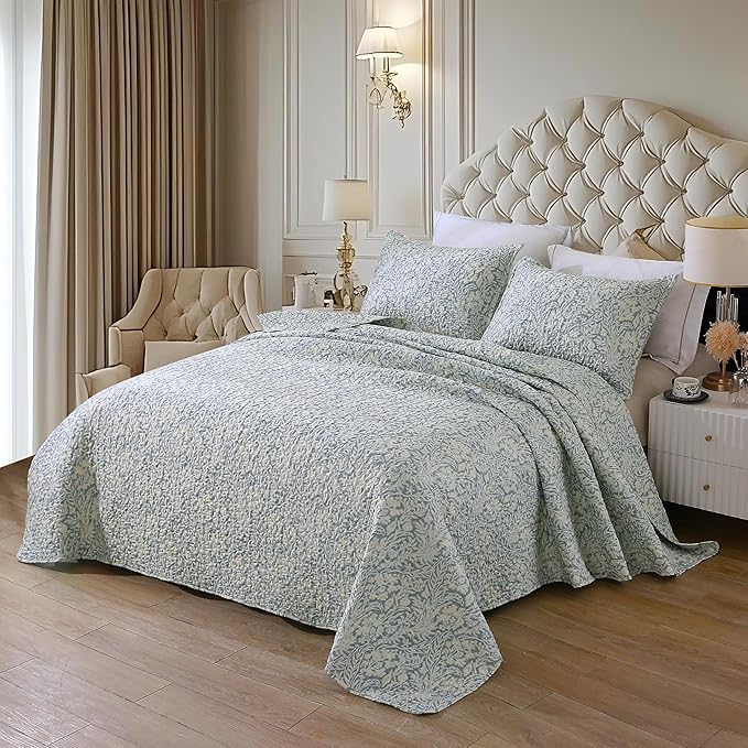 DURLENGEN Quilt Set Queen Size 3Pcs, Bluish Grey Printed with Beige Leaves Pattern,Soft Microfiber Lightweight Bedspread for All Season Layering(Queen 90x96,Beige Botanical)