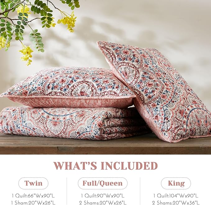 Comfort Spaces Valerie Boho Quilt Set King Pink - Soft Lightweight Bedding with Watercolor Medallion Design, Reversible All Season Quilt for Master Bedroom or Guest Room