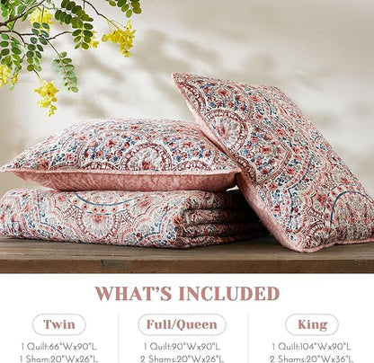 Comfort Spaces Valerie Boho Quilt Set King Pink - Soft Lightweight Bedding with Watercolor Medallion Design, Reversible All Season Quilt for Master Bedroom or Guest Room
