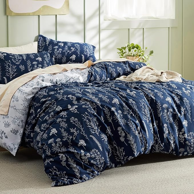 Bedsure Twin/Twin XL Duvet Cover - Reversible Navy Blue Duvet Cover Set with Zipper Closure, 2 Pieces Cute Floral Patterned Bedding Set with 8 Corner Ties and 1 Pillow Sham