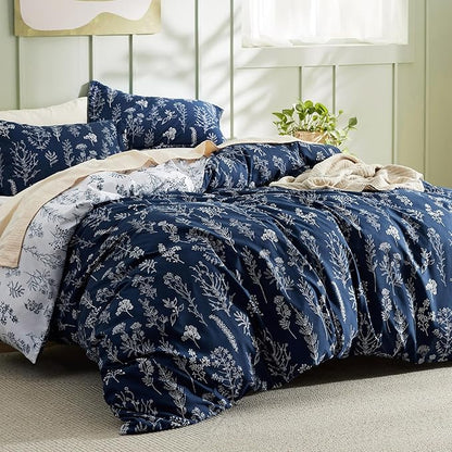 Bedsure Twin/Twin XL Duvet Cover - Reversible Navy Blue Duvet Cover Set with Zipper Closure, 2 Pieces Cute Floral Patterned Bedding Set with 8 Corner Ties and 1 Pillow Sham
