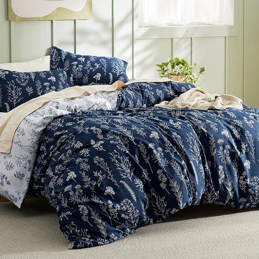 Bedsure Duvet Cover Full Size - Reversible Navy Blue Full Duvet Cover Set with Zipper Closure, 3 Pieces Cute Floral Botanical Bedding Set with 8 Corner Ties and 2 Pillow Shams