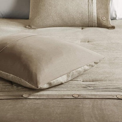 Madison Park Boone Cozy Comforter Set, Faux Suede, Deluxe Hotel Styling All Season Down Alternative Bedding Matching Shams, Decorative Pillow, California King (104 in x 92in), Rustic Tan 7 Piece