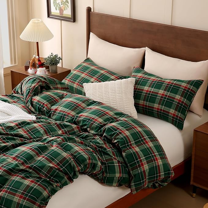 TOCOMOA Christmas Plaid Duvet Cover Set 100% Washed Cotton Like Linen Feel Super Soft Comfy 3 Piece Green Red Gingham Checkered Bedding Comforter Cover Set (Queen 90"x90", Comforter Not Included)