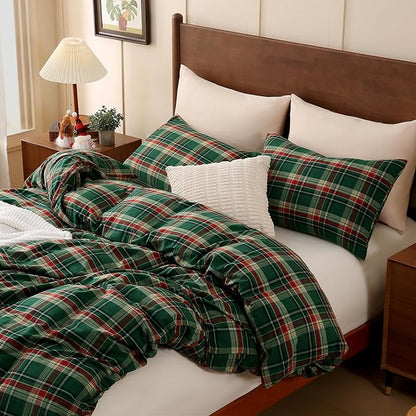 TOCOMOA Christmas Plaid Duvet Cover Set 100% Washed Cotton Like Linen Feel Super Soft Comfy 3 Piece Green Red Gingham Checkered Bedding Comforter Cover Set (Queen 90"x90", Comforter Not Included)