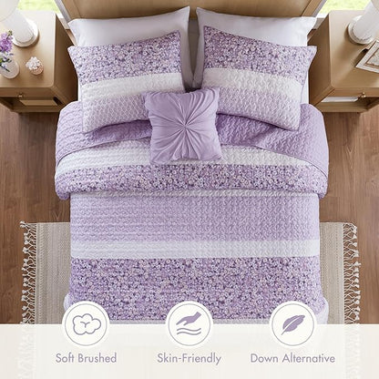 Madison Park Quilt Set, Seersucker Floral Coverlet for Queen Size Bed, All Season Lightweight Bedding, Farmhouse Quilt Set, Vermicelli Quilting, Throw Pillow, Caralie, King/Cal King Purple 4 Piece