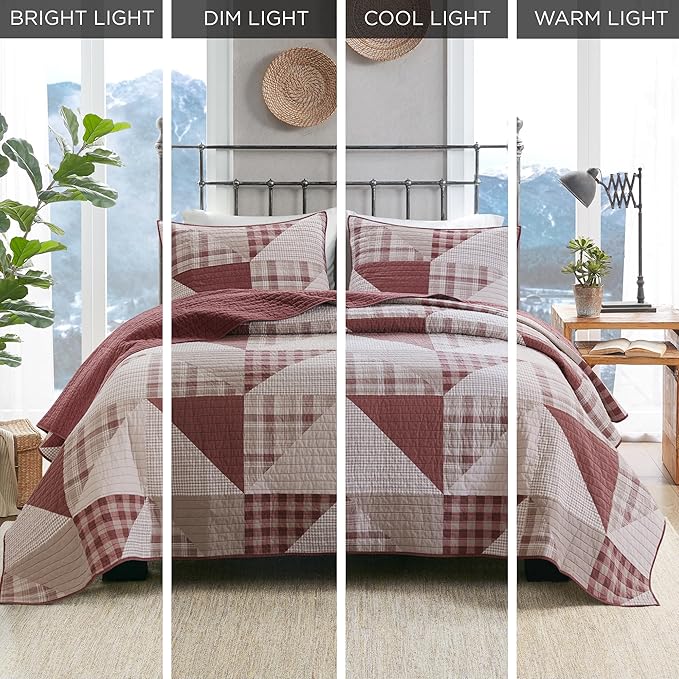 Woolrich Reversible Coverlet Set - Cottage Styling Reversed to Solid Color, All Season Lightweight Coverlet, Cozy Bedding Layer, Matching Shams, Oversized King/Cal King, Olsen Red | Reversible, Lightweight, All Season