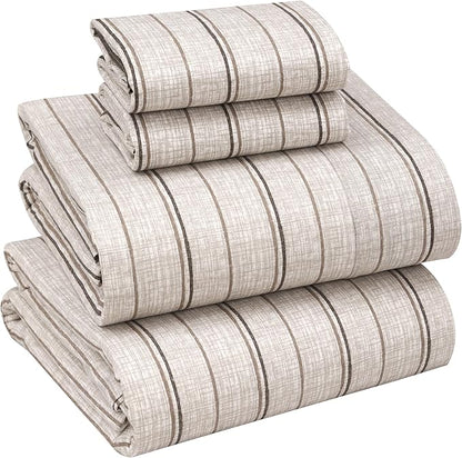 RUVANTI 100% Cotton Sheets – Full Size Percale Bedding, Cooling & Breathable Floral Design, Durable with a Crisp, Soft & Comfortable Feel, 16" Deep Pocket, 4-Piece Set, Brown Stripes