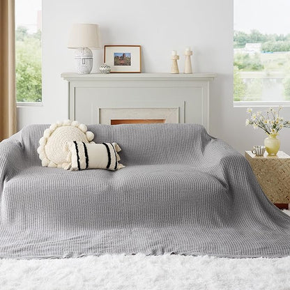Bedsure Gentlesoft 100% Cotton Big Blanket Oversized King for Bed - Large Breathable Thick Cooling Waffle Weave Blanket for Summer, Couch Cover, Grey, 120x94 inches