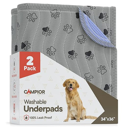 Washable Underpads 34"x36" ( Pack of 2) – Reusable Waterproof Bed Pads for Pets, Kids & Elderly, Extra Heavy Absorbent Incontinence Training & Bedwetting Pads, Non-Slip TPU Backing, Grey & Blue