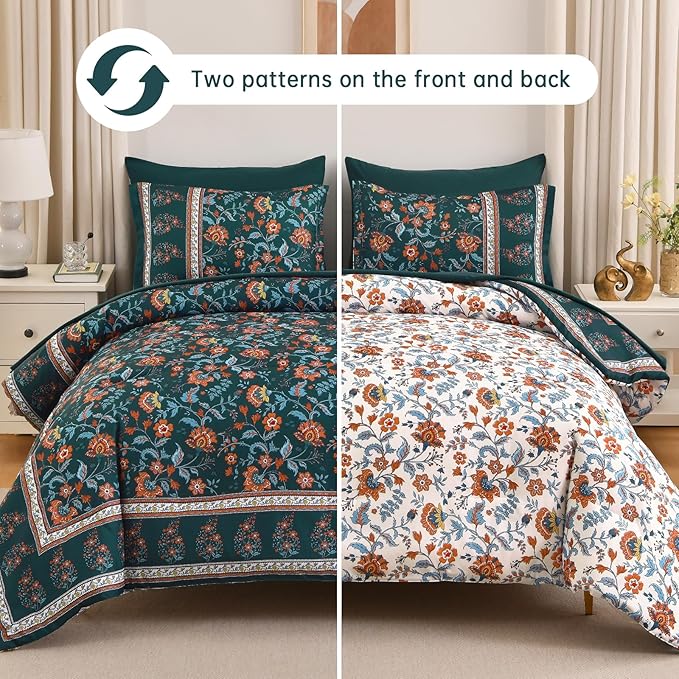 Dinjoy Boho Comforter Set Queen,Dark Green Bedding Paisley Floral 7 Piece Bed in a Bag Reversible Lightweight Bohemain Comforters with Sheet Sets for All Season