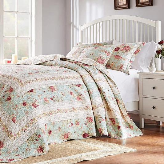 Greenland Home Antique Rose Jumbo Oversized 100% Cotton Bedding Set, Bedspread 110 W x 118 L with 2 Shams 20 W x 26 L Each, Queen (3 Piece), Blue