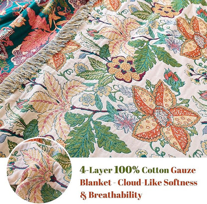 MSGKV Boho Throw Blanket for Couch Chair 100% Cotton Embroidery Floral Blanket 50"x60" Sofa Blankets for All Seasons Lightweight Farmhouse Muslin Spring Breathable Bed Blankets Home Decor