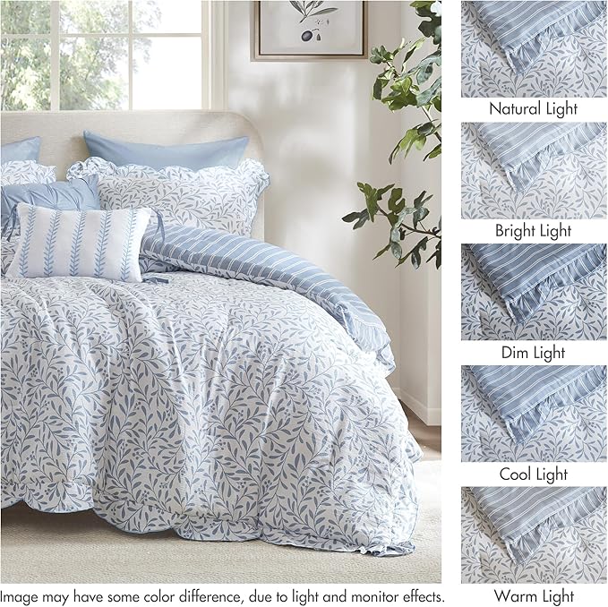 Madison Park 5-Piece Reversible Botanical Comforter Set - Summer Floral Print with Scalloped Edges, Lightweight Bedding with Decorative Pillows, King, Blue | Reversible, Lightweight