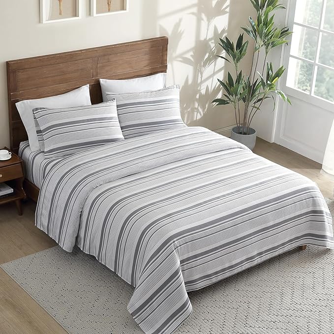 ClevaHome Classic Stripe Sheet Set - 4 Pieces Super Soft & Breathable Bed Sheet Set with Deep Pocket, Enhanced Comfort & Easy Care (Queen, Stone Stripe)