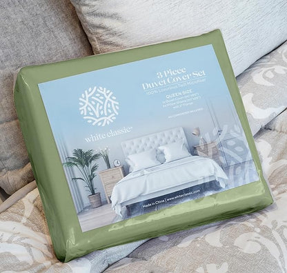 White Classic Sage Green Duvet Cover Queen Size, Microfiber Duvet Cover with Zipper, Duvet Cover Set with 2 Pillow Shams, Luxury Soft Comforter Cover Queen Size, 90 x 90 | Comforter Not Included