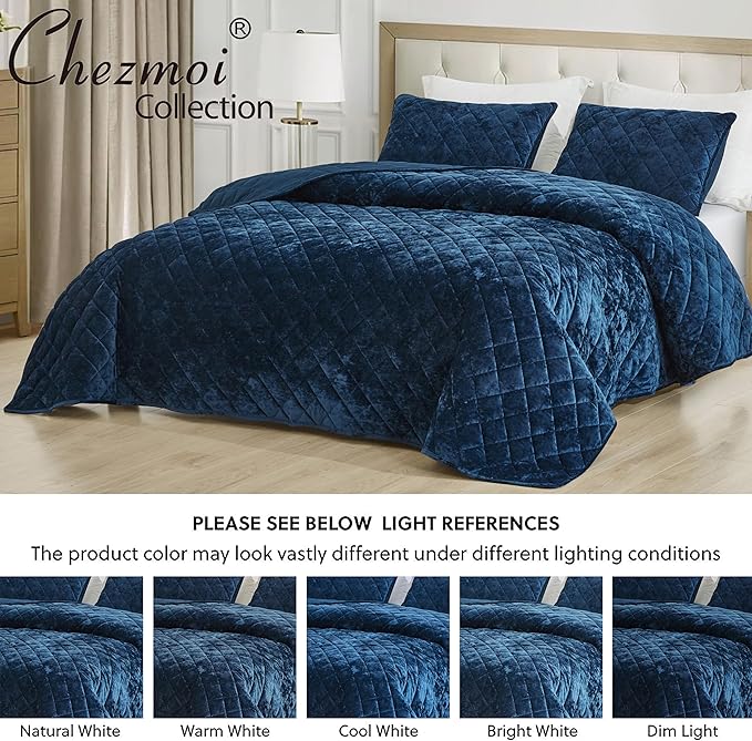 Chezmoi Collection Lux Navy Blue Velvet Quilt Oversized King Set, 3-Piece Plush Distressed Velvet Bedding All Season Lightweight Comforter Brushed Microfiber Reverse with Diamond Stitch Quilting