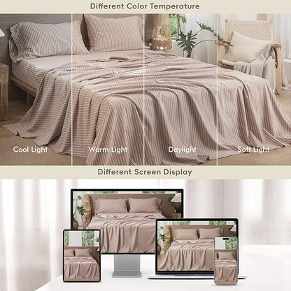 MooMee Striped Sheet Set 100% Washed Cotton Linen Like Textured Breathable Durable Soft Comfy (Dark Orange White Wide Stripes, King)