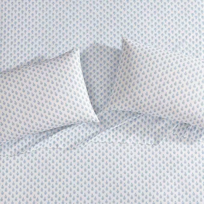 Laura Ashley - King Sheet Set, Crisp & Cool Cotton Percale Bedding with Deep Pockets, Lightweight for Year Round Comfort, Bed Sheets with Matching Pillowcases (Francesca Blue)
