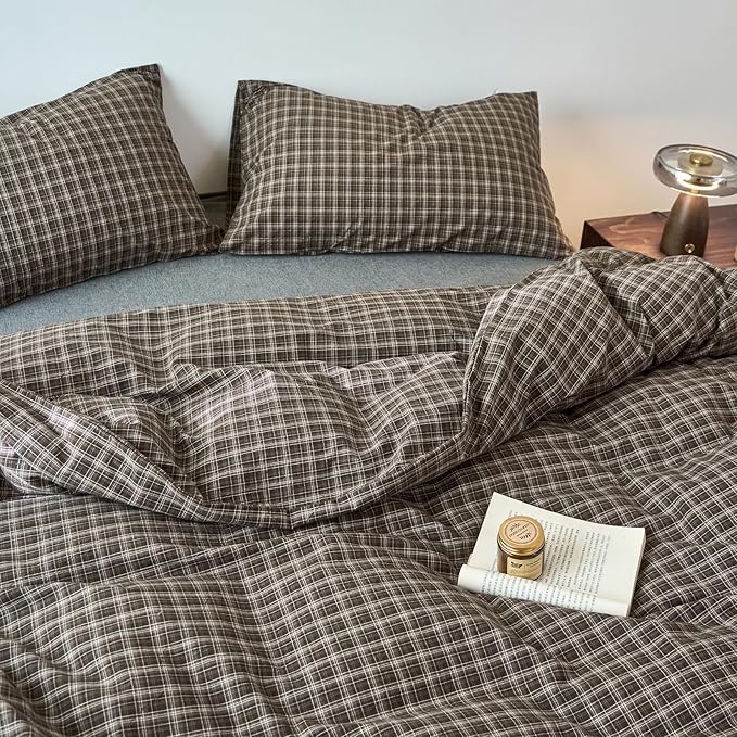 LifeTB Brown Plaid Duvet Cover Set Twin, 100% Washed Cotton Buffalo Grid Duvet Cover, Vintage Checkered Plaid Comforter Cover with Zipper Closure, Breathable Farmhouse Gingham Bedding Set
