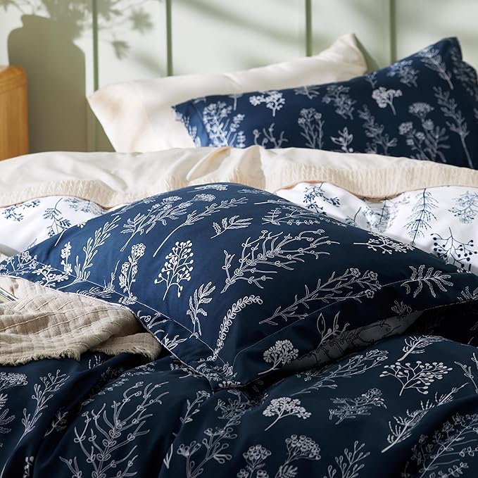 Bedsure Duvet Cover Full Size - Reversible Navy Blue Full Duvet Cover Set with Zipper Closure, 3 Pieces Cute Floral Botanical Bedding Set with 8 Corner Ties and 2 Pillow Shams