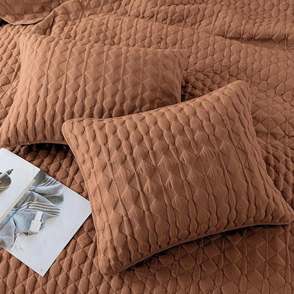 WDCOZY Burnt Orange Quilts Queen Size Bedding Sets with 2 Pillow Shams, Red Lightweight Soft Bedspread Coverlet, Quilted Blanket Thin Comforter Bed Cover for All Season, 3 Pieces, 90x90 inches