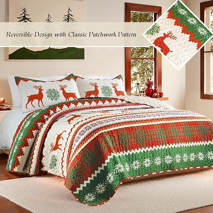 Whale Flotilla Christmas Quilt King Size, Soft Boho Floral Bedspreads for Bed Reversible Lightweight King Quilt Bedding Set Coverlets with 2 Pillow Shams for All Seasons, Happy Snowflake