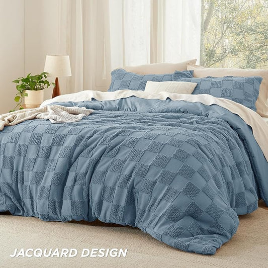 Bedsure Queen Size Comforter Set Mineral Blue, Boho Tufted Bed Set, Checkered Farmhouse Shabby Chic Bedding, 3 Pieces, 1 Plaid Geometric Comforter and 2 Pillow Shams