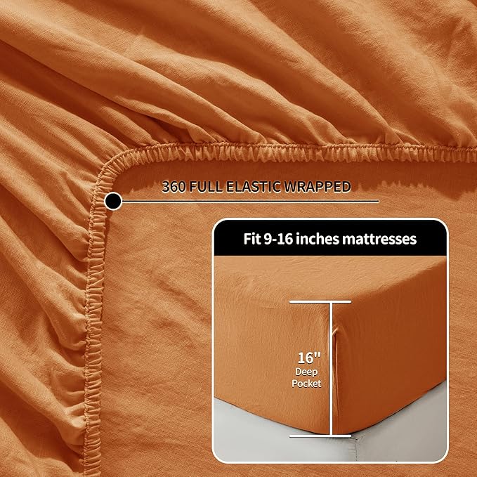 LBRO2M 100% Pure Linen Sheet Set Deep Pocket Up to 16" Bed Sheets Sets, Natural Flax Beddings Soft, Breathable, Comfortable for All Seasons 4 Pcs Sheet Set King Size, Orange