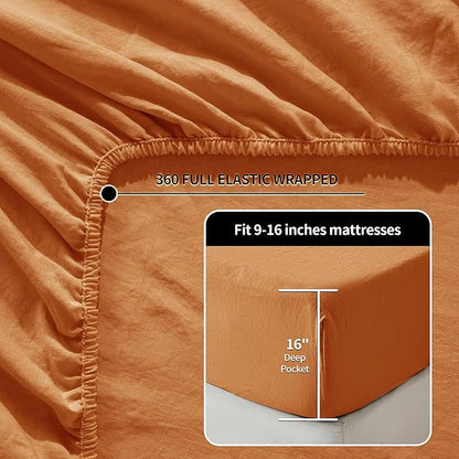 LBRO2M 100% Pure Linen Sheet Set Deep Pocket Up to 16" Bed Sheets Sets, Natural Flax Beddings Soft, Breathable, Comfortable for All Seasons 4 Pcs Sheet Set King Size, Orange
