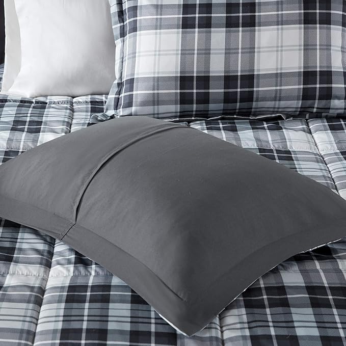 Madison Park Essentials Parkston Plaid Comforter, Matching Sham, 3M Scotchguard Stain Release Cover, Hypoallergenic All Season Bedding-Set, King/California King, Black, 3 Piece