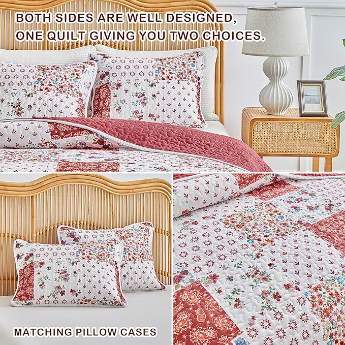 Joyreap 3 Pieces Quilt Set California King, 102x114 inches- Floral Patchwork Burgundy Red n White Flowers Design, Smooth Soft Microfiber Quilt, Bedspread Bed Cover for All Season