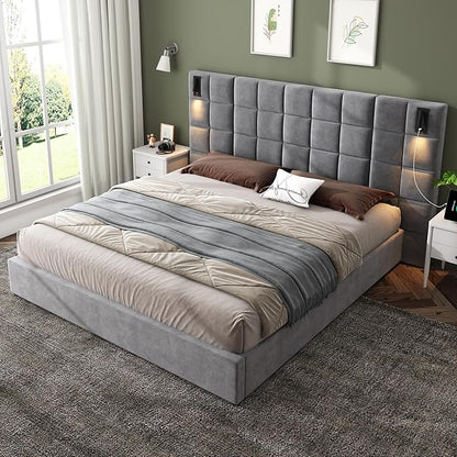 Merax Upholstered King Bed, with Reading Lamp and USB Port, Wide Velvet Headboard, (Without Bedside Tables and Mattress), Grey