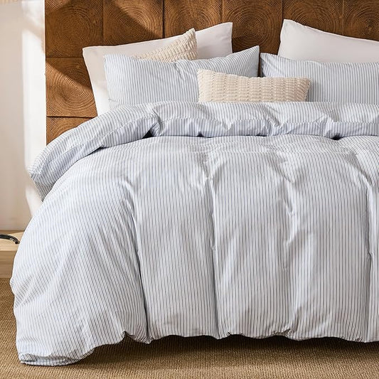 Merryword Striped Duvet Cover Set King Size - 100% Cotton Duvet Cover Set with Zipper Closure & 8 Corner Ties, Blue Pinstripe Bedding Set 3 Pieces, Soft Linen Like Bedding Set for All Seasons