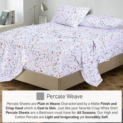 RUVANTI 100% Cotton Sheets – King Size Percale Bedding, Cooling & Breathable Floral Design, Durable with a Crisp, Soft & Comfortable Feel, 16" Deep Pocket, 4-Piece Set, Fern Class
