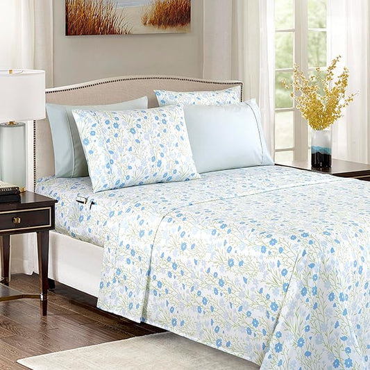 Elegant Comfort Softest and Coziest 6-Piece Sheet Set - 1500 Premium Hotel Quality Microfiber - Deep Pocket, Wrinkle Resistant 6-Piece Floral Bed Sheet Set, Queen, Laurel Blue